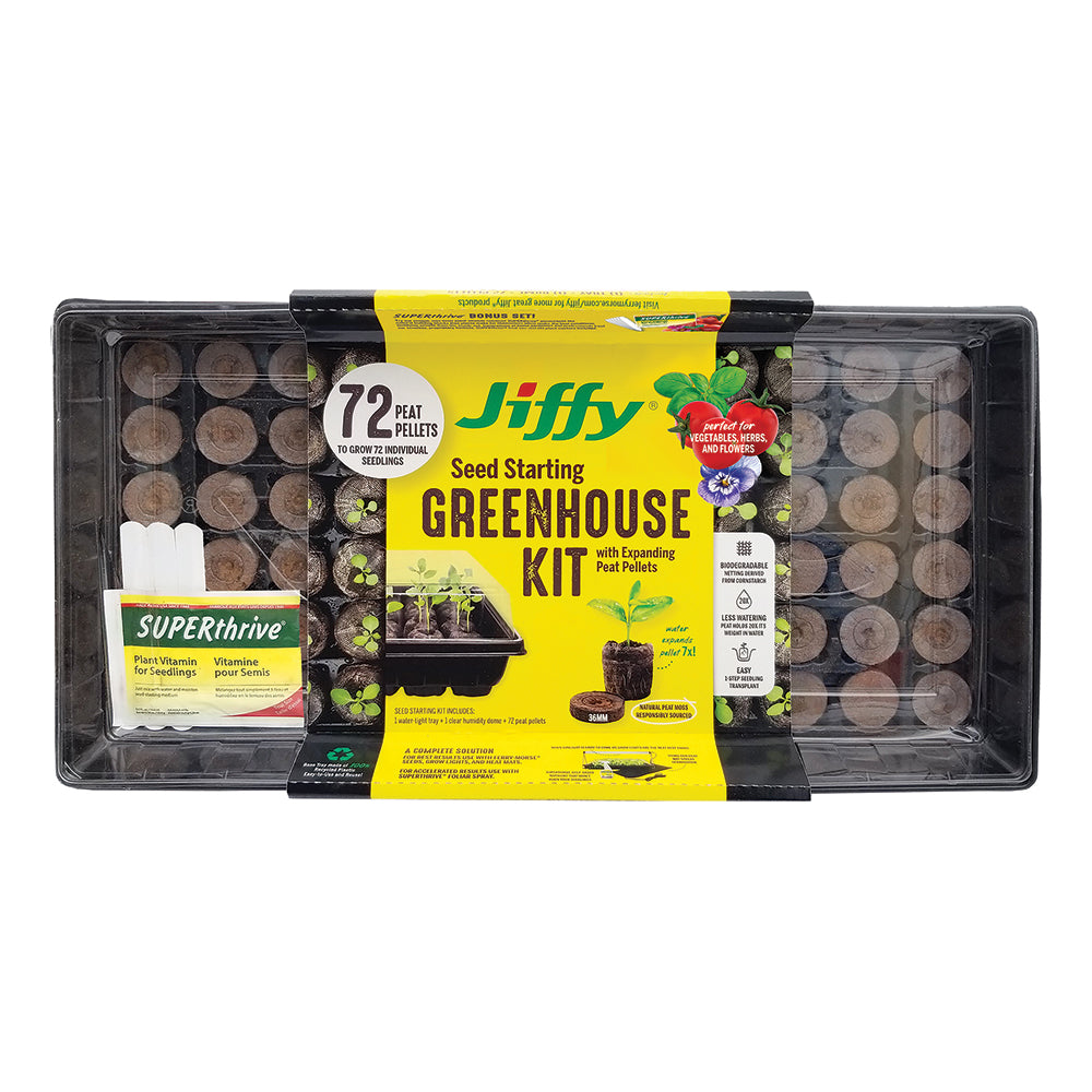 A Jiffy brand seed starting greenhouse kit with 72 cell 36mm peat pellets, a clear humidity dome